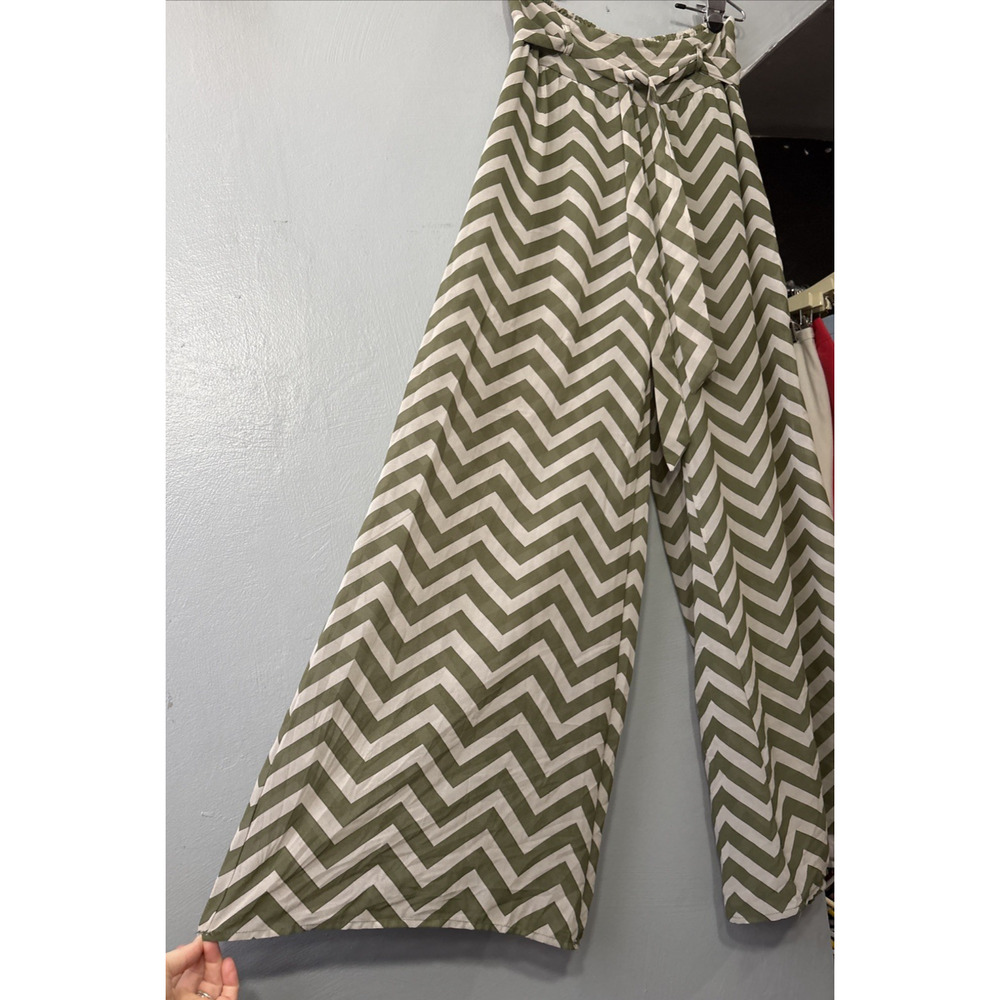 Heart Soul Wide Leg Sheer Chiffon Pants Size Medium Chevron Green Striped Flowy